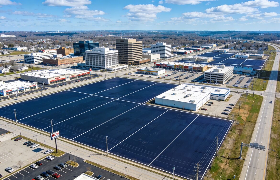 Commercial property value in Michigan — mixed commercial buildings including medical office and vacant land parcel at golden hour