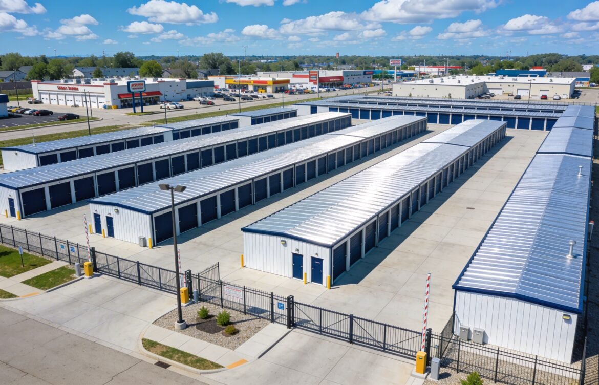 Sell self storage facility in Michigan fast — aerial view of Michigan storage complex with driveways and security access